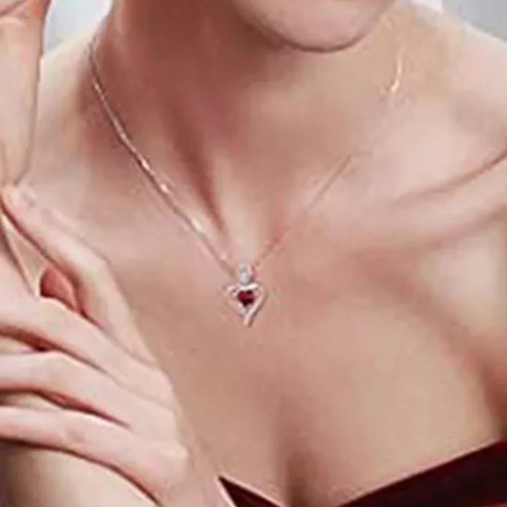 Beautiful 925 Silver Diamond Ruby Rose Heart Necklace